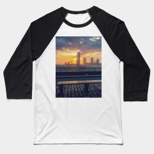 Sunset Skyline Street Lamp Bench Battery Park New York City Baseball T-Shirt